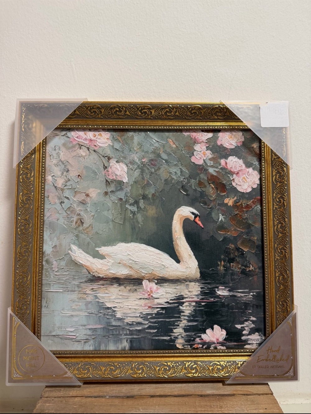 Swan Floral Framed Wall Art 15” x 15” Ornate Gold Frame Vintage Glam viral